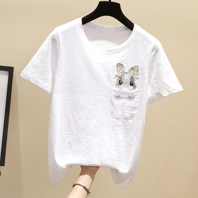 Forward shoulder white short-sleeved T-shirt for women in summer 2025 new embroidered half-sleeved fashionable loose Korean bamboo joint cotton top