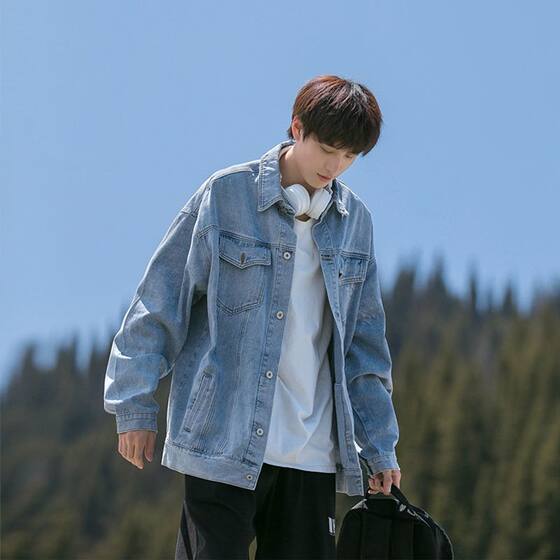 
High street trendy brand workwear denim jacket men's spring and autumn Hong Kong style new lapel jacket teenagers loose retro coat
