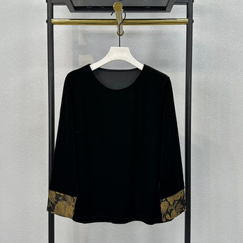 New Chinese style black velvet T-shirt for women in spring 2025 new contrasting color jacquard vest Chinese style base shirt top
