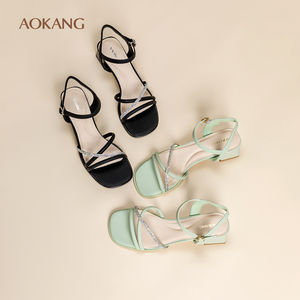 
Aokang women's shoes 2025 summer fashion sandals one-length modern thick heel date skirt versatile sandals