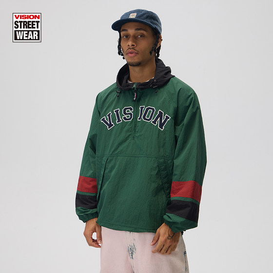 
VISION official American retro contrasting color spliced ​​half zipper hooded pullover jacket jacket for men and women autumn new style