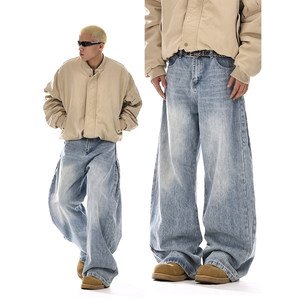 
Retro washing deconstructed jeans men and women American high street design couple versatile loose wide-leg casual trousers