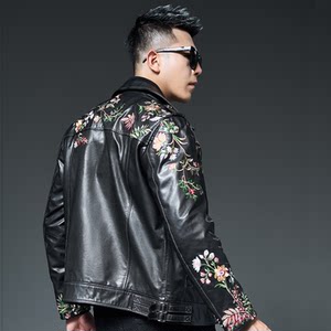 
Genuine leather jacket for men goatskin motorcycle clothing heavy industry national trend embroidery star brand same new autumn jacket trend