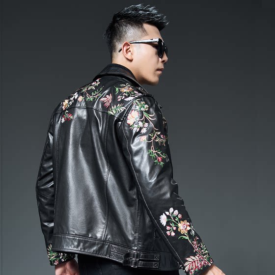 
Genuine leather jacket for men goatskin motorcycle clothing heavy industry national trend embroidery star brand same new autumn jacket trend
