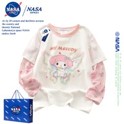 Nasa Melody Fake Two-Piece Top Summer Thin Long-Sleeved Sun Protection Shirt Pure Cotton Short-Sleeved T-Shirt for Girls