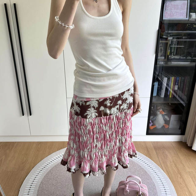 New summer American retro splicing contrasting print wrinkled skirt island atmosphere casual design medium skirt