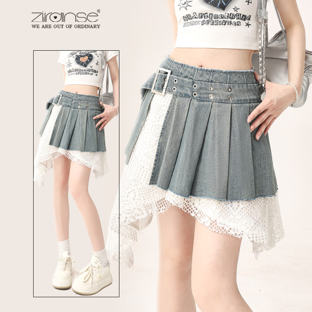 Natural astringent denim irregular lace spliced ​​short skirt 2025 summer new high-waisted girl's skirt
