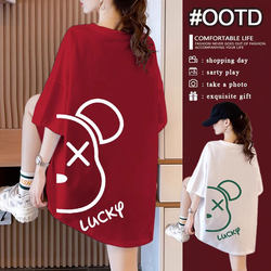 Burgundy Pure Cotton Short-Sleeve T-Shirt for Women 2025 New Loose Fit Plus Size Summer European Style Oversized Bear Print Half-Sleeve Top