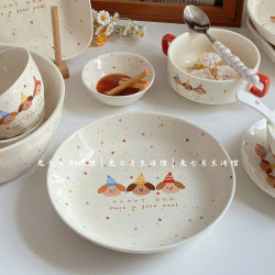Korean cute cartoon illustration ceramic tableware set coffee cup and saucer binaural bowl divided dinner plate home dish plate