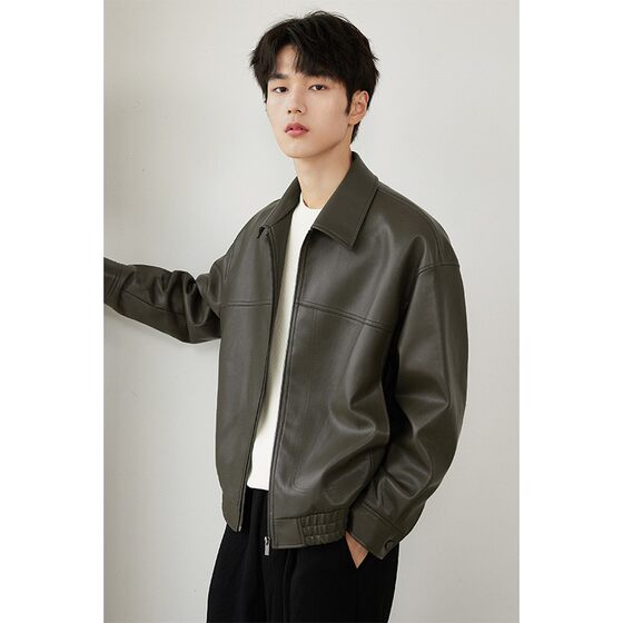 
Lapel pu soft leather jacket men's 2025 spring and autumn new thickened handsome leather jacket casual men's top trendy