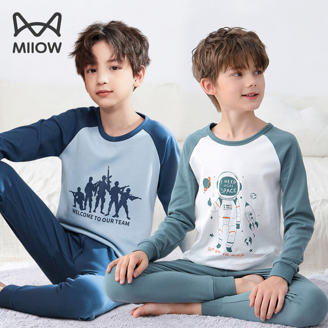 Catman Boys' Autumn Clothes and Autumn Pants Set Children's Underwear All Pure Cotton Youth Cotton Sweater Pajamas New Style