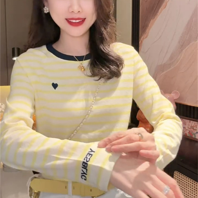 2025 summer new European products women's contrasting color striped love embroidery round neck long sleeve T-shirt for women
