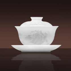 Jingdezhen Official Ceramic Chinese-Style Three-Piece Gaiwan Set for Home Use, Pure White Embossed High-End Tea Set, Suitable for Gift Giving