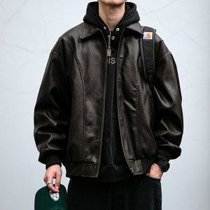 
American retro deconstructed design Harrington lapel leather jacket men's cleanfit silhouette PU motorcycle jacket