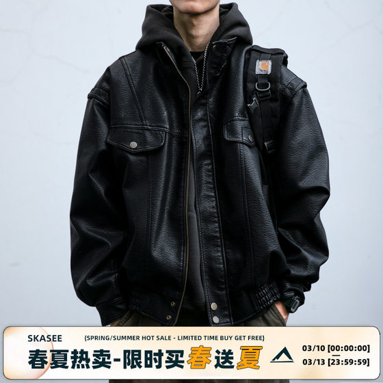 American retro lychee pattern leather jacket Male spring and autumn new models and handsome locomotive clothing short workers standing collar jacket tide
