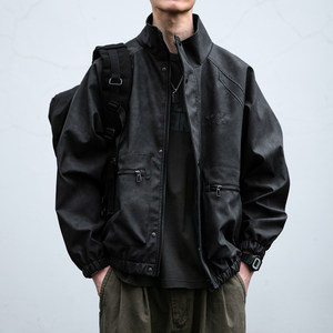 American fashion brand letter embroidered stand collar motorcycle leather jacket for men 2025 spring loose retro vintage windproof jacket trendy
