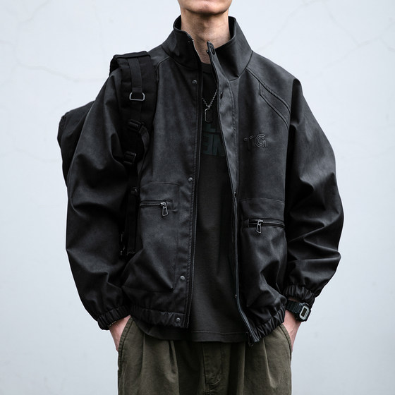 American fashion brand letter embroidered stand collar motorcycle leather jacket for men 2025 spring loose retro vintage windproof jacket trendy
