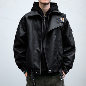 
American retro pebbled texture PU leather jacket men's trendy brand handsome double collar design motorcycle jacket trendy