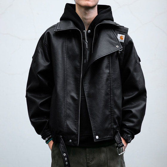 
American retro pebbled texture PU leather jacket men's trendy brand handsome double collar design motorcycle jacket trendy