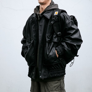 American retro PU leather jacket, men's spring and autumn new loose black ruffled and handsome motorcycle suit, lapel top jacket, trendy