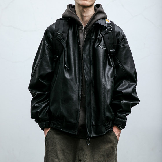 American retro street wild texture black locomotive leather coat men's spring and autumn windproof short silhouette tide