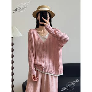 Flower concept Lyocell linen pullover V-neck knitted cardigan sun protection fake two-piece contrasting color slimming top thin jacket