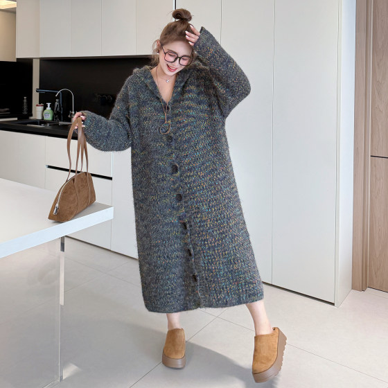 Yuanzijia large size winter commuting casual cardigan versatile loose variegated knitted fat mm sweater coat dress