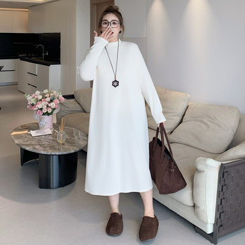 Yuanzijia's new large size autumn new fat mm loose bottoming skirt is fashionable and versatile, slimming solid color half-high collar dress