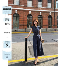 Lei Yingjun [Denim Casual Wear] Korean-Style Casual Lapel Sleeveless Tie Dress Summer Simple Commuter Shirt Dress