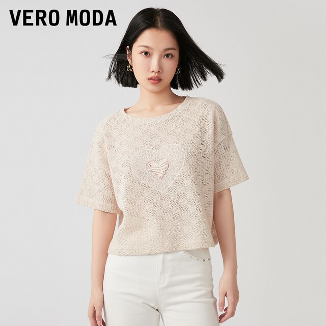 Vero Moda top autumn and winter cute girl heart pattern light pink short-sleeved women 323301023