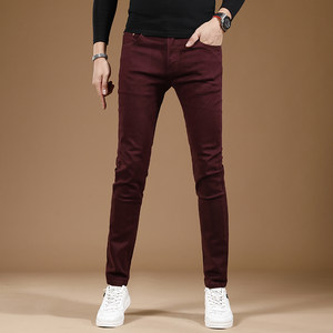 
2026 New Spring Fashionable Stretch Men's Jeans Slim Fit Small Feet Burgundy Casual Pants Men's Trousers