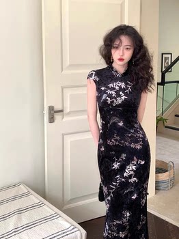 Plus size women's new Chinese style velvet improved cheongsam