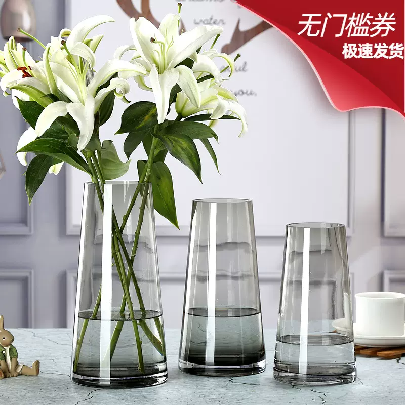 轻奢t型北欧玻璃花瓶简约透明水养插花水培百合花插干花客厅摆件
