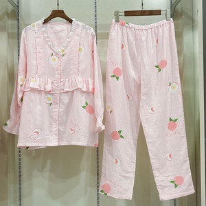 Pregnancy Colorful Spring and Summer Pure Cotton Gauze Breastfeeding Confinement Suit Breathable Sweat-absorbing Pregnant Women's Pajamas Breastfeeding Home Suit Set