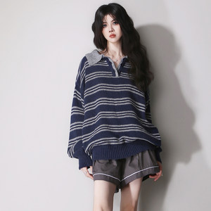 
D30 lapel gray-blue stripes contrast color casual age-reducing neutral European and American style loose lazy long-sleeved pullover sweater