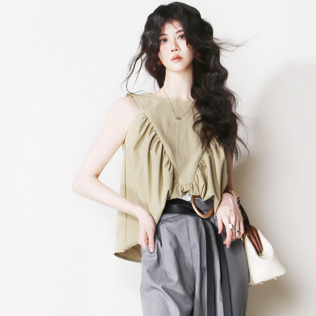 A30 pleated niche design simple and versatile loose round neck pullover sleeveless solid color European and American style shirt vest
