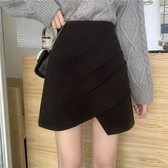 Mao woolen skirt 2021 new foreign aura autumn and winter large size cover belly thin A -line skirt asymmetric pleated skirt
