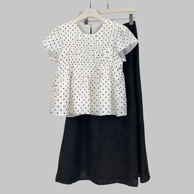 Fara Summer White Polka Dots Versatile Simple Shirt Women's New Korean Style Elastic Waist Slim and Sweet Top