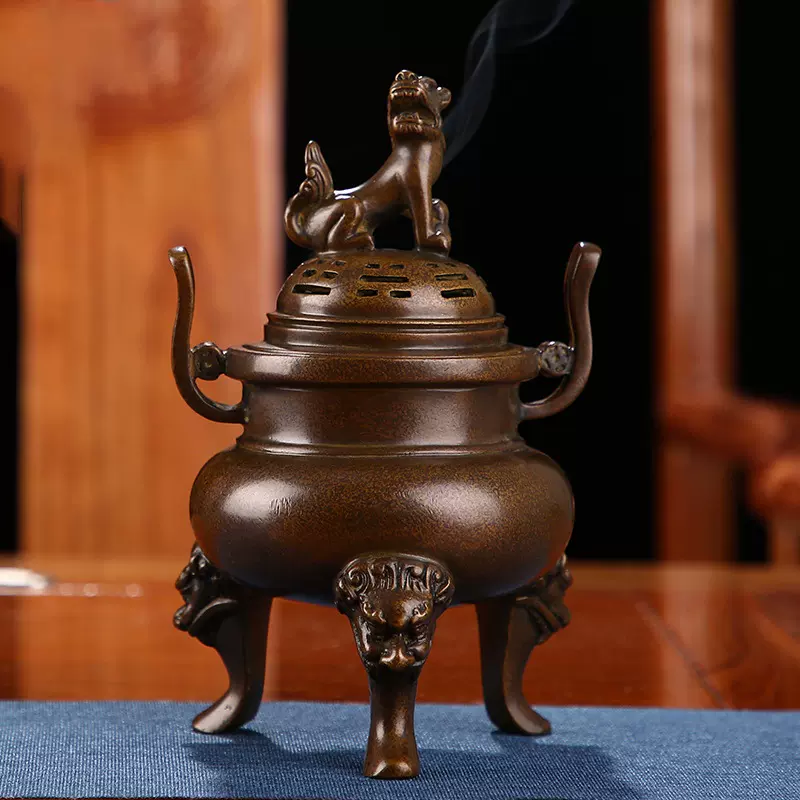 三足香炉纯铜狮盖创意线香檀香盘香炉仿古家用摆件铜香炉纯铜器-Taobao