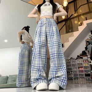 
Clearance leaked American retro plaid wide-leg pants for women in summer high-waisted slim BF loose straight workwear casual pants