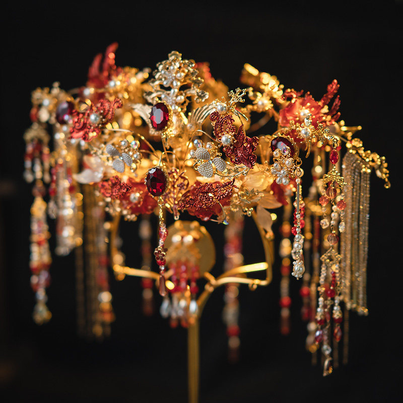 Water Dance U1070 Gold & Red Rhinestone Phoenix Crown - Chinese Bridal ...