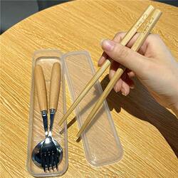 ins-Piece Cutlery Set with Wooden Chopsticks and Spoon, Portable Cutlery Storage Box for Students, Adults, Office Workers, and Outdoor Use