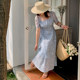 2024 French temperament square leads short -sleeved small fresh jet dress female summer new fat sister big size women's skirt
