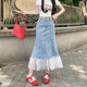 
Real shot of 2025 new version of Internet celebrity trendy versatile denim spliced ​​mesh skirt