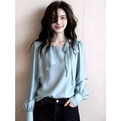 High-End Acetate Satin Blue Regular Shoulder Shirt for Women, 2026 Spring/Summer New Style, Stylish Top for Plus-Size Women, Age-Reducing Shirt