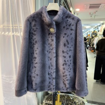 
Stylish mom leopard print stand collar fur coat
