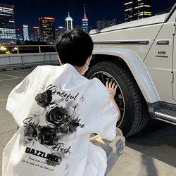 New Men's ins Trendy Short-Sleeve T-Shirt, Summer American High Street Cool Rose T-Shirt, Versatile Top for Students