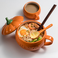Instant Noodle Bowl with Lid, Ceramic Pumpkin Bowl, Cute Household Snail Noodle Tableware, Soup Bowl, Japanese-Style Halloween Small Gift