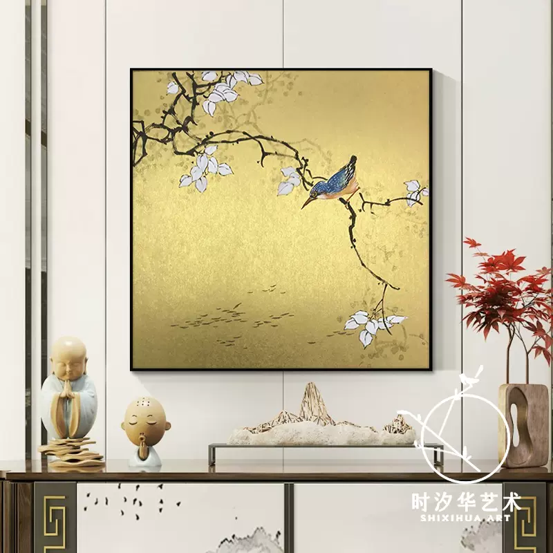 新中式花鸟纯手绘油画玄关装饰画轻奢金箔客厅餐厅花卉肌理画挂画 