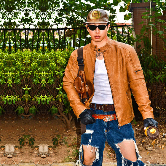 
BUDDYBODY European and American male celebrities street shot handsome stand collar zipper PU leather rock motorcycle leather jacket jacket